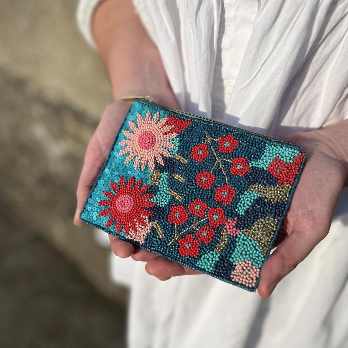 Teal Floral Beaded Purse