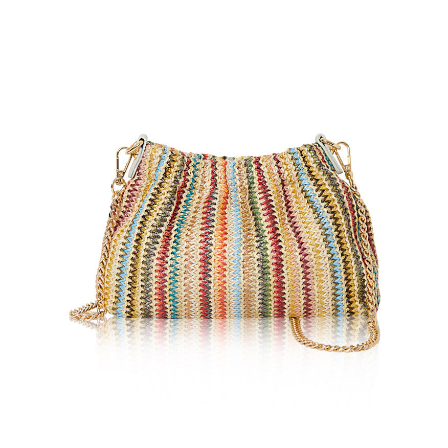 Rainbow Raffia Clutch Handbag with Chain