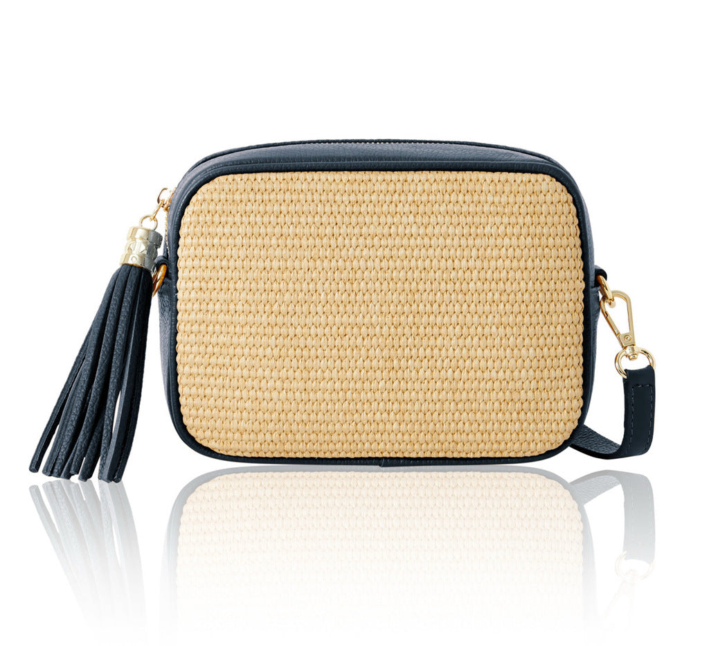 Raffia Navy Handbag with Long Strap